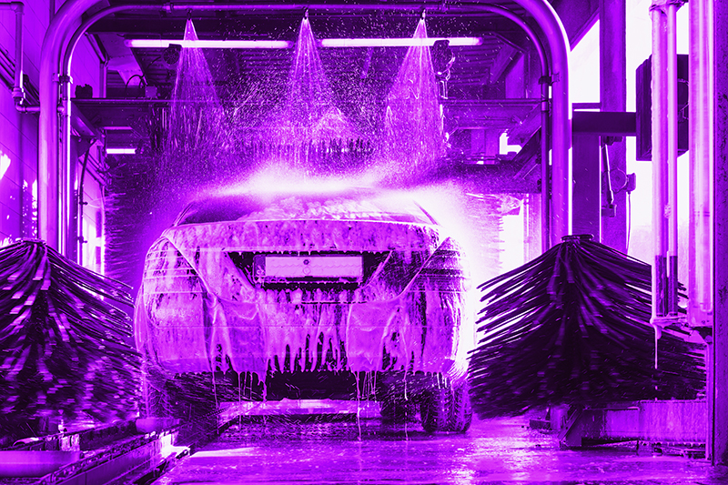 carwash, brushes, lights, water, arch, purple